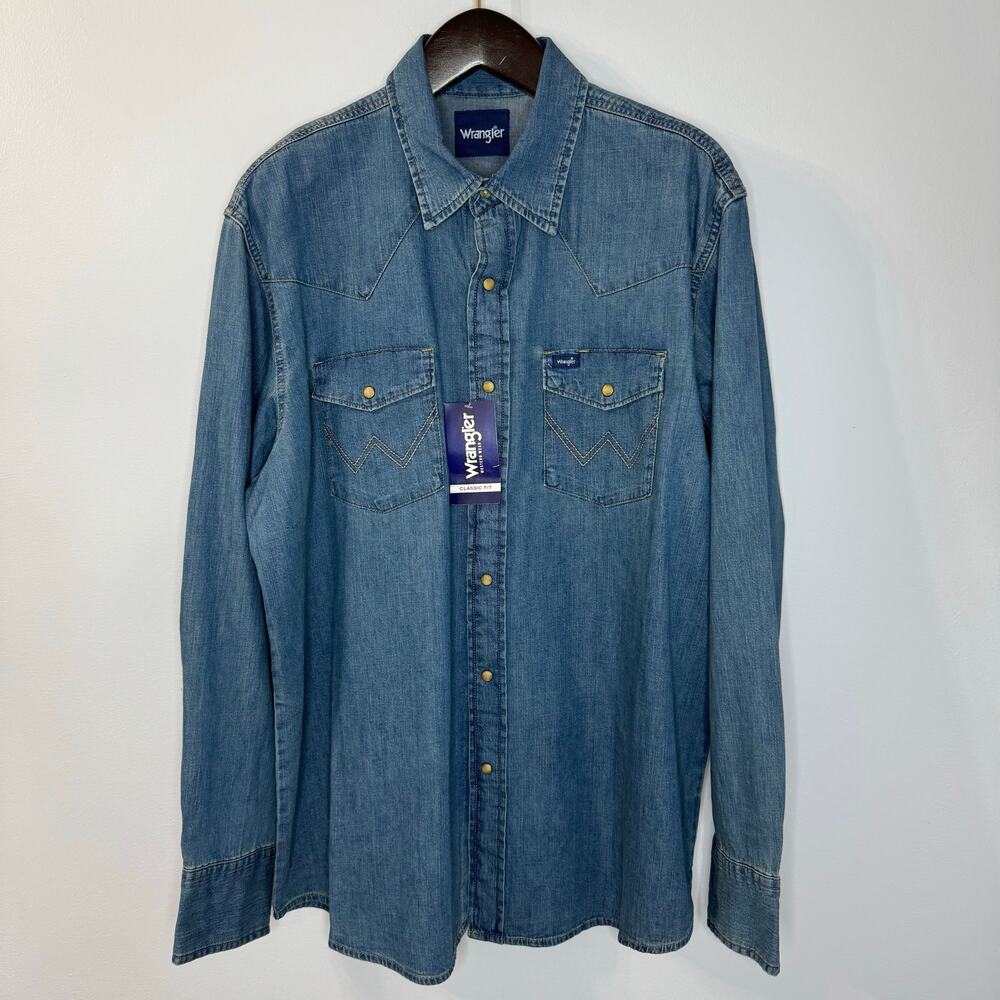 Wrangler Men's Classic Denim Western Snap Denim Shirt Mid Wash Rodeo Rancho XL - Picture 2 of 14